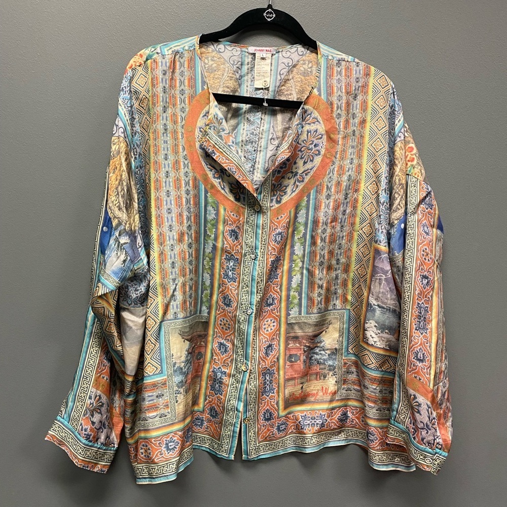 NWOT Johnny Was 100% Silk Boho Blouse Size Large
